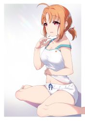 Rule 34 | 1girl, ahoge, barefoot, bikini, camisole, clothes lift, commentary, hair tie, hair up, half-closed eyes, highres, lifting own clothes, love live!, love live! sunshine!!, navel, orange hair, red eyes, shirt, shirt lift, short hair, short ponytail, short shorts, shorts, sitting, solo, strapless, strapless bikini, sweat, swimsuit, symbol-only commentary, takami chika, wariza, white shirt, white shorts, yamaori (yamaorimon)