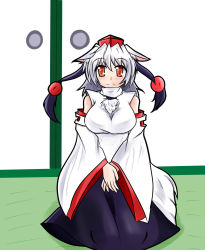 Rule 34 | 1girl, animal ears, blush, breasts, detached sleeves, female focus, hat, highres, inubashiri momiji, large breasts, looking at viewer, mashiki, pom pom (clothes), red eyes, short hair, silver hair, sitting, skirt, smile, solo, tail, tokin hat, touhou, wolf ears, wolf tail