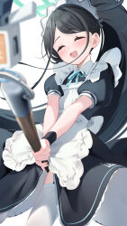 Rule 34 | 1girl, ^ ^, apron, aqua ribbon, aris (blue archive), aris (maid) (blue archive), black hair, black wristband, blue archive, blush, broom, closed eyes, dot nose, dress, facing viewer, frilled apron, frilled dress, frills, halo, highres, holding, holding broom, long hair, maid, maid apron, maid headdress, neck ribbon, nokke o, official alternate costume, open mouth, ribbon, sidelocks, solo, teeth, thighhighs, upper teeth only, white thighhighs