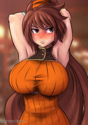 Rule 34 | 1girl, armpits, arms behind head, arms up, blush, breasts, brown eyes, brown hair, clothes, dungeon and fighter, female focus, fighter (dungeon and fighter), large breasts, long hair, looking at viewer, ponytail, solo, striker (dungeon and fighter), sweat, umeyiyo, wet