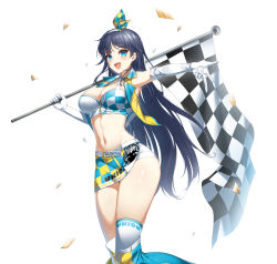 Rule 34 | 1girl, armpits, bare shoulders, blue eyes, blue hair, blue shirt, blue skirt, boots, breasts, checkered flag, cleavage, closers, criss-cross halter, crop top, cropped vest, elbow gloves, fang, flag, game cg, gloves, hairband, halterneck, hand up, highres, holding, holding flag, large breasts, long hair, looking at viewer, midriff, miniskirt, navel, non-web source, official art, open clothes, open mouth, open vest, outstretched arm, race queen, shirt, side slit, skirt, sleeveless, sleeveless shirt, smile, solo, stomach, thigh boots, thighs, v, very long hair, vest, yellow vest, yuri seo