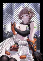 Rule 34 | !, 1girl, ahoge, arm support, bandaid, bandaid on arm, bandaid on stomach, bare shoulders, basu19203696, black panties, blush, breasts, brown hair, cake, cake slice, chain-link fence, chocolate, chocolate on body, chocolate on breasts, chocolate on face, cleavage, clothes around waist, commentary request, fence, food, food on body, food on breasts, food on face, fork, fruit, girls&#039; frontline, girls&#039; frontline neural cloud, gloves, hair ornament, highres, holding, holding fork, jacket, jacket around waist, large breasts, medium hair, midriff, navel, orange gloves, panties, plate, see-through, see-through jacket, sitting, solo, strawberry, thighhighs, underwear, yellow eyes, zion (neural cloud)