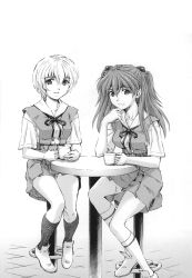 Rule 34 | 2girls, absurdres, ayanami rei, breasts, cup, female focus, highres, holding, holding cup, kura oh, long hair, looking at viewer, medium breasts, monochrome, multiple girls, neon genesis evangelion, school uniform, shoes, short hair, simple background, sitting, skirt, smile, souryuu asuka langley, table, twintails, white background