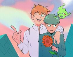 Rule 34 | 2boys, black eyes, blonde hair, blunt bangs, bowl cut, building, collared shirt, commentary, ekubo (mob psycho 100), flower, gakuran, green hair, holding, holding flower, index finger raised, kageyama shigeo, long sleeves, looking at another, male focus, mob psycho 100, multiple boys, one eye closed, open mouth, reigen arataka, school uniform, shirt, short hair, smile, spirit, sunflower, symbol-only commentary, torn clothes, torn shirt, upper body, white shirt, yescilantro