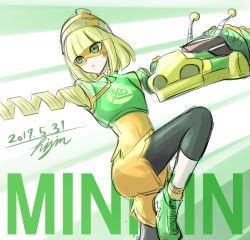 Rule 34 | 1girl, absurdres, arms (game), beanie, bike shorts, blonde hair, breasts, chinese clothes, dragon, facepaint, food, green eyes, hat, highres, hisin, leggings, leggings under shorts, mask, min min (arms), noodles, pantyhose, short hair, shorts, solo