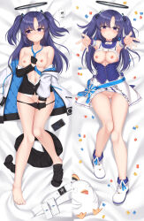 Rule 34 | 1girl, arms up, bed sheet, belt, black socks, blazer, blue archive, blue necktie, blush, breasts, cellphone, censored, choker, cleft of venus, coat, collarbone, collared shirt, commentary request, dakimakura (medium), detached sleeves, elbow gloves, embarrassed, frilled skirt, frills, full body, gloves, groin, hair between eyes, hair ornament, halo, heart, heart censor, highres, id card, idol, jacket, knees together feet apart, kurisu-kun, large breasts, long hair, long sleeves, looking at viewer, looking away, lying, midriff, mischievous straight uniform (blue archive), navel, necktie, nipples, official alternate costume, on back, open clothes, open coat, panties, panty pull, parted bangs, peroro (blue archive), phone, pleated skirt, purple eyes, purple hair, pussy, reaching, reaching towards viewer, school uniform, shirt, short sleeves, sidelocks, simple background, skirt, smartphone, socks, stuffed chicken, two side up, underwear, unworn belt, unworn clothes, unworn legwear, white coat, yuuka (blue archive)