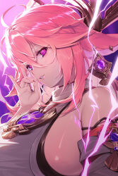 Rule 34 | 1girl, animal ears, bare shoulders, breasts, commentary request, detached sleeves, earrings, electricity, electro symbol (genshin impact), floppy ears, fox ears, genshin impact, hair between eyes, hair ornament, highres, japanese clothes, jewelry, large breasts, long hair, looking at viewer, nontraditional miko, parted lips, pink hair, purple eyes, shirt, sideboob, sidelocks, solo, sunnillust, turtleneck, white shirt, white sleeves, yae miko