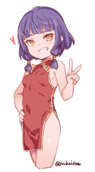 Rule 34 | 1girl, china dress, chinese clothes, clenched teeth, copyright request, covered navel, dress, hand on own hip, jingai modoki, looking at viewer, purple hair, red dress, short hair, simple background, sleeveless, sleeveless dress, smile, solo, standing, teeth, thighs, twitter username, v, white background, yellow eyes