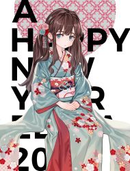 Rule 34 | 1girl, text background, blue eyes, blue kimono, blush, brown hair, closed mouth, commentary request, elisia valfelto, eyebrows hidden by hair, feet out of frame, fingernails, floral print, furisode, hair intakes, hands on lap, happy new year, highres, japanese clothes, kimono, long hair, long sleeves, luicent, new year, obi, original, print kimono, sash, sidelocks, sitting, solo, twintails, white background, wide sleeves