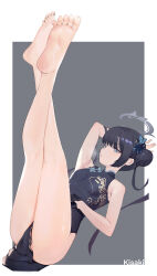 Rule 34 | 1girl, absurdres, artist name, bare legs, bare shoulders, barefoot, black dress, black gloves, blue archive, blue eyes, breasts, character name, dated, dragon print, dress, feet, gloves, halo, highres, kisaki (blue archive), legs, legs up, long hair, looking at viewer, lying, mi arley, nail polish, on back, parted lips, pelvic curtain, print dress, revision, sleeveless, sleeveless dress, small breasts, soles, solo, spread toes, toenail polish, toenails, toes, twintails