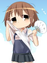 Rule 34 | 1girl, black skirt, blue sky, blush, breasts, brown eyes, brown hair, closed mouth, cloud, collared shirt, commentary request, cowboy shot, grey one-piece swimsuit, hand fan, holding, holding fan, kill me baby, lets0020, looking at viewer, medium bangs, messy hair, miniskirt, one-piece swimsuit, oribe yasuna, pleated skirt, school swimsuit, shirt, short hair, short sleeves, skirt, sky, small breasts, solo, swimsuit, swimsuit under clothes, wet, wet clothes, wet shirt, white shirt