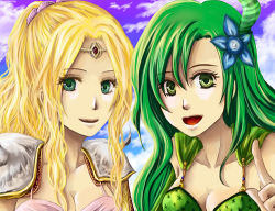 Rule 34 | 1990s (style), 2girls, bad id, bad pixiv id, blonde hair, breasts, cloud, crown, final fantasy, final fantasy iv, flower, green eyes, green hair, hair flower, hair ornament, hat, hda, large breasts, lowres, multiple girls, rosa farrell, rydia (ff4), sky