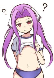Rule 34 | 1girl, ?, absurdres, blue buruma, blush, breasts, buruma, closed mouth, clothes lift, collarbone, commentary request, fate/grand order, fate (series), forehead, groin, gym shirt, gym uniform, hair intakes, hair ribbon, head tilt, highres, lifted by self, long hair, medusa (fate), medusa (lancer) (fate), medusa (rider) (fate), mitchi, navel, parted bangs, purple hair, red eyes, ribbon, rider, shirt, shirt lift, short sleeves, simple background, sketch, small breasts, solo, sweat, twintails, underboob, very long hair, wavy mouth, white background, white ribbon, white shirt
