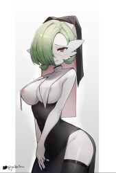 Rule 34 | 1girl, areola slip, artist name, bare shoulders, black dress, black headwear, black thighhighs, blush, bob cut, breasts, capelet, colored skin, covered erect nipples, covered navel, cowboy shot, creatures (company), cross, dress, female focus, game freak, gardevoir, gen 3 pokemon, gradient background, green hair, grey background, groin, habit, hair over one eye, happy, highres, holding, holding jewelry, holding necklace, jewelry, large breasts, latin cross, looking at viewer, necklace, nintendo, one eye covered, own hands together, parted lips, personification, pokemon, pokemon (creature), raised eyebrows, red eyes, shiny skin, short hair, side slit, signature, simple background, smile, solo, standing, teeth, thick thighs, thighhighs, thighs, twitter logo, twitter username, white capelet, white skin, wide hips, yuii (yuika9200)