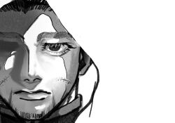 Rule 34 | 1boy, closed mouth, expressionless, facial hair, forehead, goatee, golden kamuy, greyscale, highres, kyuu (ttt 28), lips, looking at viewer, male focus, monochrome, ogata hyakunosuke, one-eyed, portrait, short hair, solo, straight-on