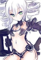 Rule 34 | absurdres, bimmy, black sister, bodysuit, breasts, cleavage, gloves, green eyes, highres, long hair, neptune (series), small breasts, thighs, twin drills, twintails, uni (neptunia), white hair