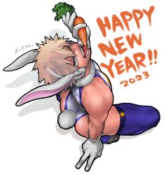 Rule 34 | 1boy, 2023, animal ears, ass, bakugou katsuki, bare shoulders, blonde hair, boku no hero academia, carrot, chinese zodiac, cosplay, crossdressing, gloves, happy new year, highleg, highleg leotard, holding, holding carrot, leotard, male focus, mirko, mirko (cosplay), muscular, muscular male, negri, new year, pectorals, purple thighhighs, rabbit ears, rabbit tail, red eyes, solo, squatting, tail, thighhighs, tongue, tongue out, v, white gloves, year of the rabbit