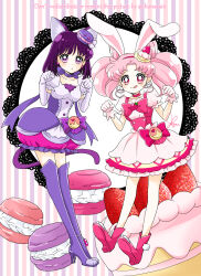 Rule 34 | 2girls, :q, animal ears, bishoujo senshi sailor moon, boots, bow, bubble skirt, cake, cake hair ornament, cat ears, chibi usa, choker, color connection, commentary request, cone hair bun, cosplay, cure macaron, cure macaron (cosplay), cure whip, cure whip (cosplay), double bun, dress, earrings, elbow gloves, extra ears, food, food-themed brooch, food-themed hair ornament, fruit, gloves, hair bun, hair ornament, highres, jewelry, kirakira precure a la mode, looking at viewer, macaron, macaron hair ornament, multiple girls, oversized food, oversized object, paw pose, pink bow, pink choker, pink eyes, pink footwear, pink hair, pom pom (clothes), pom pom earrings, precure, purple choker, purple eyes, purple footwear, purple hair, purple skirt, purple tail, rabbit ears, ribbon choker, sarashina kau, shoes, short hair, skirt, smile, strawberry, strawberry shortcake, thigh boots, thighhighs, tomoe hotaru, tongue, tongue out, twintails, white dress, white gloves, zettai ryouiki