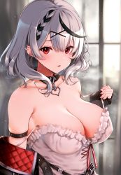 Rule 34 | 1girl, absurdres, bare shoulders, black hair, blush, braid, breasts, cleavage, collar, commentary request, earrings, fang, fingerless gloves, fingernails, frills, gloves, hair ornament, highres, hololive, jewelry, large breasts, looking at viewer, masaoka misaki, multicolored hair, off shoulder, parted lips, piercing, red eyes, sakamata chloe, short hair, silver hair, simple background, solo, two-tone hair, upper body, virtual youtuber, x hair ornament