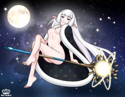 absurdly_long_hair blue_eyes branch breasts commission commissioner_upload crossed_legs elf feet full_moon functionally_nude hime_takamura hoshi_delefaun leaf long_hair mantle moon nipples pointy_ears sitting sitting_on_object sky staff star_(sky) starry_sky very_long_hair watermark white_hair