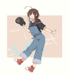 Rule 34 | 1girl, ahoge, bad id, bad twitter id, black shirt, blue eyes, blush, bow, braid, brown hair, dated, full body, hair between eyes, hair flaps, hair ornament, hat, holding, holding clothes, holding hat, jewelry, kantai collection, necklace, open mouth, overalls, red bow, red footwear, shakemi (sake mgmgmg), shigure (kancolle), shigure kai ni (kancolle), shirt, shoes, short sleeves, sidelocks, single braid, solo, unworn hat, unworn headwear, wristband