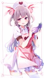 Rule 34 | &gt; &lt;, 1girl, :d, apron, bandaged arm, bandages, blush, brown hair, chikuwa., collared shirt, commentary request, eggplant, fang, food, hair ornament, hands up, hat, highres, holding, holding food, long hair, looking at viewer, natori sana, nurse cap, open mouth, pink apron, rabbit hair ornament, red eyes, sana channel, shirt, skirt, smile, solo, two side up, vegetable, very long hair, virtual youtuber, white hat, white shirt, white skirt