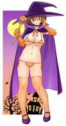 Rule 34 | 1girl, adjusting eyewear, bare tree, bat (animal), bikini, black choker, breasts, brown eyes, brown hair, building, cape, choker, cleavage, commentary, elbow gloves, flats, freckles, full body, full moon, gloves, gradient background, halloween, halloween costume, hat, highres, holding, holding wand, jack-o&#039;-lantern, large breasts, looking at viewer, moon, navel, orange background, orange bikini, orange gloves, orange thighhighs, outside border, purple background, purple cape, purple footwear, purple hat, rectangular eyewear, red-framed eyewear, scooby-doo, short hair, side-tie bikini bottom, smile, solo, standing, string bikini, swimsuit, thighhighs, tree, uona telepin, velma dace dinkley, wand, witch, witch hat