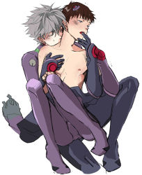Rule 34 | 2boys, blush, brown hair, finger in another&#039;s mouth, grey hair, hand on another&#039;s chest, highres, ikari shinji, interface headset, male focus, multiple boys, nagisa kaworu, neon genesis evangelion, nipples, open mouth, partially undressed, plugsuit, renka88, sweat, teardrop, tears, topless male, undressing, yaoi