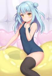 Rule 34 | 1girl, aqua hair, balloon, bare arms, black thighhighs, blush, breasts, commentary request, dango (sasaame), dot mouth, double bun, feet out of frame, hair bun, hair ornament, hairclip, highres, indoors, long hair, looking at viewer, old school swimsuit, original, sasaame, school swimsuit, small breasts, solo, straddling, swimsuit, thighhighs, tile wall, tiles, yellow eyes