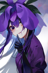 Rule 34 | 1girl, absurdres, baozishark, black gloves, black hair, china dress, chinese clothes, closed mouth, dress, flower, flower on head, gloves, highres, long hair, purple dress, purple eyes, purple flower, short sleeves, solo, touhou, upper body, yomotsu hisami
