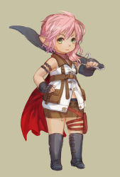 Rule 34 | 1girl, artist request, chibi, cosplay, final fantasy, final fantasy xiii, final fantasy xiv, fingerless gloves, gloves, green eyes, lalafell, lightning farron, lightning farron (cosplay), looking at viewer, pointy ears, sword, weapon