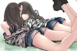 Rule 34 | 2girls, ama mitsuki, ass, bare legs, black footwear, black hair, coat partially removed, denim, denim shorts, feet out of frame, feet up, from behind, grass, legs, legs together, long hair, looking at another, lying, multiple girls, off shoulder, on stomach, original, short shorts, shorts, the pose, white background