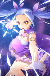 Rule 34 | 1girl, armlet, blue hair, breasts, english text, fingerless gloves, frills, gloves, long hair, lowres, nail polish, open mouth, purple background, purple eyes, purple hair, purple nails, purple skirt, purple theme, salt (salty), sheath, skirt, solo, sword girls, twintails, weapon, white gloves