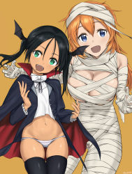 Rule 34 | 2girls, bandages, bat hair ornament, black hair, black legwear, blue eyes, blush, breasts, brown hair, cape, charlotte e. yeager, cleavage, fang, fankupl, francesca lucchini, green eyes, hair ornament, halloween, halloween costume, highres, large breasts, long hair, looking at viewer, multiple girls, mummy costume, navel, no bra, open mouth, panties, shiny clothes, simple background, small breasts, smile, strike witches, striped clothes, striped panties, teeth, thighhighs, twintails, underwear, upper teeth only, vampire costume, world witches series, yellow background