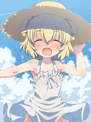 Rule 34 | 1girl, bad id, bad pixiv id, bare shoulders, blonde hair, blush, closed eyes, day, double bun, dress, flat chest, gradient background, hair bun, hat, kounosu satori, nuclear iii, open mouth, pic k, smile, solo, straw hat, sundress, sweat, viprpg
