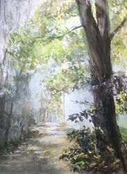 Rule 34 | day, forest, highres, nature, no humans, original, outdoors, painting (medium), scenery, shadow, sunlight, tlctm7h8wdwnthx, traditional media, tree, tree shade, watercolor (medium)