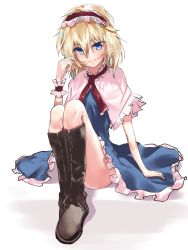 Rule 34 | &gt;:), 1girl, alice margatroid, arm support, asuzemu, black footwear, blonde hair, blue dress, blue eyes, boots, capelet, closed mouth, cross-laced footwear, dress, full body, hair between eyes, hairband, highres, knees, lace-up boots, legs together, lolita hairband, looking at viewer, neck ribbon, ribbon, sitting, smile, solo, thighs, touhou, v-shaped eyebrows, wrist cuffs
