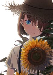 Rule 34 | 1girl, arms at sides, backlighting, blue eyes, brown hair, brown hat, closed mouth, collared shirt, commentary, expressionless, eyelashes, flat chest, flower, hair over one eye, hat, head tilt, highres, himaro, leaf, original, plant, romaji commentary, shirt, short hair, short sleeves, simple background, solo, straight hair, straw hat, sun hat, sunflower, suspenders, sweat, symbol-only commentary, tareme, upper body, white background, white shirt, yellow flower