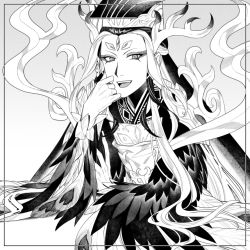 Rule 34 | 1boy, antlers, chinese clothes, fate/grand order, fate (series), feathers, greyscale, guan hat, horns, long hair, looking at viewer, male focus, mian guan, monochrome, multicolored hair, shi huang di (fate), shi huang di (third ascension) (fate), sindri, solo, two-tone hair, wide sleeves