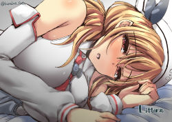 Rule 34 | 10s, 1girl, artist name, bare shoulders, blonde hair, blush, breasts, character name, detached sleeves, female focus, half-closed eyes, hat, kantai collection, large breasts, littorio (kancolle), looking at viewer, lying, necktie, on side, open mouth, red eyes, red necktie, shinshin, solo