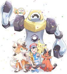 Rule 34 | 1boy, ash ketchum, bad id, bad pixiv id, baseball cap, black hair, blue footwear, brown shorts, celebration, closed eyes, confetti, creatures (company), game freak, gen 1 pokemon, gen 7 pokemon, hand on another&#039;s leg, happy, hat, highres, holding, holding trophy, looking at viewer, lycanroc, lycanroc (dusk), male focus, mei (maysroom), melmetal, mythical pokemon, nintendo, on shoulder, one eye closed, open mouth, pikachu, pokemon, pokemon (anime), pokemon (creature), pokemon on shoulder, pokemon sm (anime), rowlet, shirt, shoes, shorts, smile, sneakers, spiked hair, striped clothes, striped shirt, teeth, torracat, trophy, upper teeth only, v