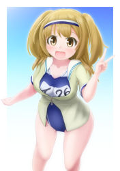 Rule 34 | 10s, 1girl, :d, brown eyes, brown hair, clothes writing, hairband, highres, i-26 (kancolle), kantai collection, light brown hair, long hair, mizuno (aya huya), name tag, new school swimsuit, one-piece swimsuit, open clothes, open mouth, sailor collar, school swimsuit, short sleeves, smile, solo, swimsuit, swimsuit under clothes, two-tone hairband, two side up, v