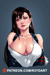 Rule 34 | 1girl, bare shoulders, breasts, brown eyes, brown hair, cleavage, collarbone, commentary, earrings, elbow sleeve, english commentary, final fantasy, final fantasy vii, hair between eyes, highres, jewelry, large breasts, long hair, looking at viewer, off shoulder, parted lips, patreon username, r3ydart, shirt, solo, suspenders, tank top, tifa lockhart, white shirt