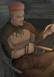 Rule 34 | 1boy, belt, brown pants, brown shirt, cigarette, concentrating, facial hair, fate/grand order, fate (series), feet out of frame, green scarf, grey hair, hata (hata dreams), highres, indoors, leg up, male focus, mature male, mustache, on chair, pants, rope, scarf, shirt, short hair, sideburns, sitting, smoking, solo, thick eyebrows, undercut, william tell (fate), wrinkled skin