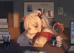 Rule 34 | 1girl, arknights, bead bracelet, beads, blush, book, book stack, bracelet, character doll, clipboard, closed mouth, colored skin, computer, doctor (arknights), dragon girl, dragon horns, dragon tail, fiery tail, hasegawamorito, head rest, horns, indoors, jewelry, laptop, long sleeves, looking at viewer, multicolored hair, nian (arknights), pen, pointy ears, ponytail, purple eyes, red hair, red skin, silver hair, sitting, smile, solo, streaked hair, table, tail, two-tone hair, whiteboard
