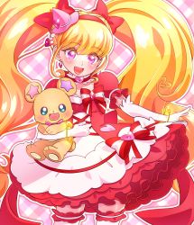 Rule 34 | 1girl, :d, asahina mirai, bear, blush, bow, choker, cowboy shot, creature, cure miracle, cure miracle (ruby style), cure miracle ruby style, earrings, elbow gloves, frills, gloves, hair bow, hat, heart, heart earrings, highres, jewelry, long hair, looking at viewer, magical girl, mahou girls precure!, mini hat, mini witch hat, mofurun (mahou girls precure!), open mouth, pink background, pink eyes, pink hair, pink hat, plaid, plaid background, precure, red bow, ruby style, skirt, smile, star (symbol), star in eye, striped, striped bow, symbol in eye, thighhighs, twintails, white gloves, white thighhighs, witch hat, yupiteru