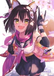 Rule 34 | 1girl, armpits, black hair, blue archive, blush, cherry blossoms, collarbone, commentary request, fang, fox shadow puppet, gloves, hair ornament, highres, izuna (blue archive), kandyy pop, looking at viewer, open mouth, petals, scarf, school uniform, serafuku, short hair, solo, yellow eyes
