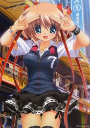 Rule 34 | 1girl, :d, absurdres, black thighhighs, blazer, blue eyes, bracelet, breasts, brown hair, cityscape, clothes pull, hair ribbon, highres, hinoue itaru, huge filesize, jacket, jewelry, kamikita komari, little busters!, necktie, open mouth, ribbon, skirt, skirt pull, smile, star (symbol), thighhighs, wristband