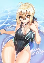 Rule 34 | 1girl, ahoge, artoria pendragon (all), artoria pendragon (alter swimsuit rider) (fate), artoria pendragon (fate), bespectacled, black one-piece swimsuit, blonde hair, braid, breasts, celebration, cleavage, competition swimsuit, covered erect nipples, dated, def (chronowarld), fate/stay night, fate (series), food, french braid, glasses, gluteal fold, hair bun, innertube, large breasts, looking at viewer, mouth hold, mysterious heroine x alter (fate), one-piece swimsuit, partially submerged, popsicle, saber alter, signature, single hair bun, sitting, solo, striped clothes, striped one-piece swimsuit, swim ring, swimsuit, thigh gap, vertical-striped clothes, vertical-striped one-piece swimsuit, water, yellow eyes