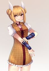 Rule 34 | 1girl, absurdres, alternate eye color, ammonite (488091), arm ribbon, arm support, armor, arms up, blonde hair, blush, bow, breasts, closed mouth, commentary, double bun, dress, dress bow, english commentary, eyes visible through hair, fingernails, frills, gradient background, grey background, hair bun, hair ribbon, hands up, haniwa (statue), highres, japanese armor, joutouguu mayumi, long fingernails, looking to the side, medium breasts, nail polish, orange dress, orange nails, puffy short sleeves, puffy sleeves, red bow, red eyes, red ribbon, ribbon, shirt, short hair, short sleeves, sidelocks, smile, solo, standing, thighs, touhou, white ribbon, white shirt